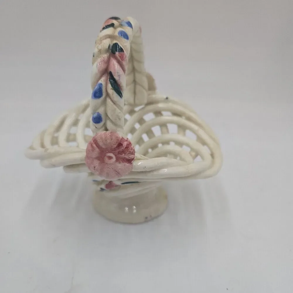 Vintage Spanish Woven Pottery Basket Trinket Basket, Decorator Piece 1960's